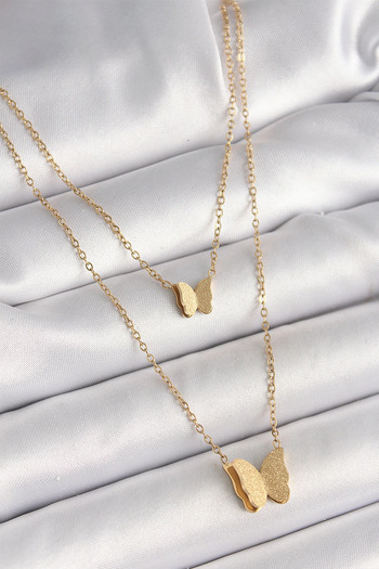 Bernami Special Steel Gold Color 2-Piece Glittery Butterfly Model Women's Necklace Offer!! !