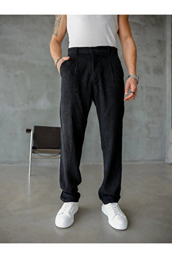 MENOFOURSWEAR Men's Pleated Baggy Fit Velvet Trousers Black