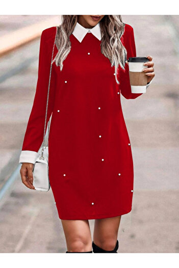 JANES Women's Long Sleeve Polo Neck Pearl Detail Crepe Dress