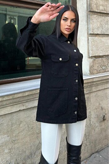 Pasaklı Giyim Women's Black Oversize Gabardine Denim Jacket Shirt – Wide Pockets, Button Detailing Kt00-100451
