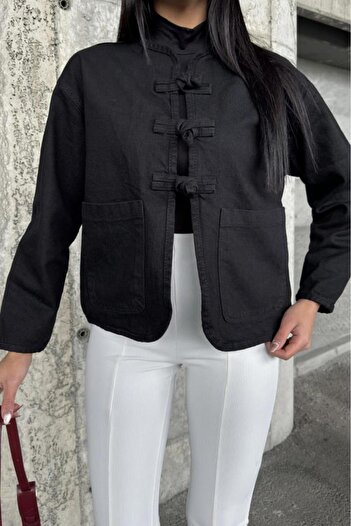 Pasaklı Giyim Women's Oversized Denim Jacket – Tie Detail, Oval Cut KT00102451