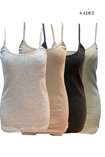 BUTİK1AVM Women's Tank Top with String Straps, 4 Pieces, 100% Cotton, Ribbed, Stretchy
