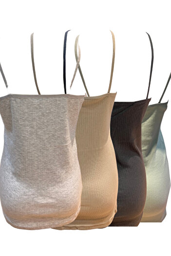 BUTİK1AVM Women's Tank Top with String Straps, 4 Pieces, 100% Cotton, Ribbed, Stretchy