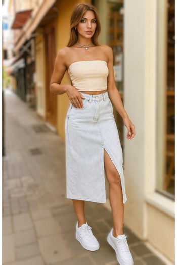 Pasaklı Giyim Women's Denim Skirt, Front and Back Pockets, Slit, Midi, Sports, Pencil Jean Skirt Kt0094319