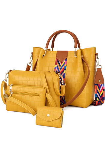 Generic Women’s PU Leather Handbag Set – Designer Tote Satchel Shoulder Bag with 3 Pouches, Yellow