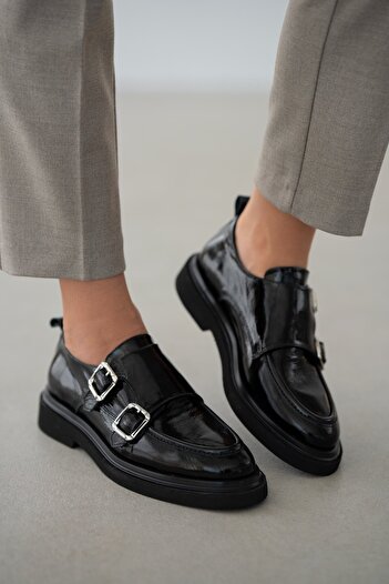 selinshoes Rivel Справжня шкіра Регульована подвійна застібка Деталізовані жіночі лофери - ЧОРНІ РУГАН