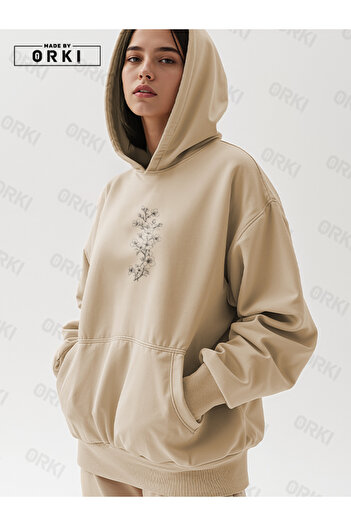 EFFRENATU Autumn Trees Printed Women's Beige Oversize Hooded Sweatshirt Hoodie
