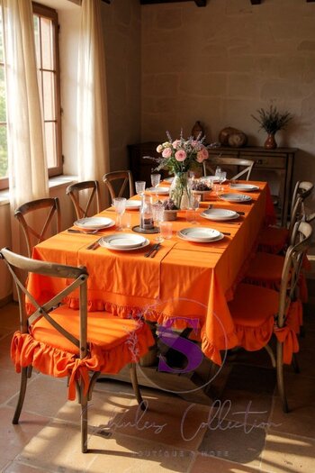 shules collection Orange Color Handmade Washable Linen 4-Sided Ruffled Chair Cushion