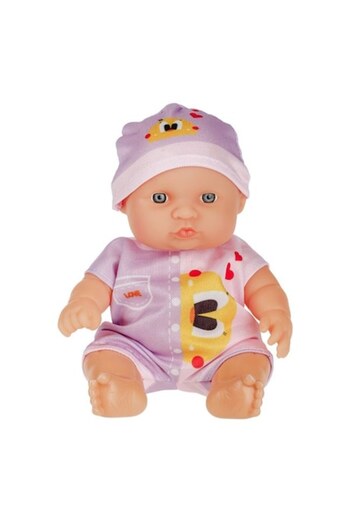 ANTBRO Baby Doll with Purple Overall, Duck with Hearts, and Pocket with Love Message, 22 cm