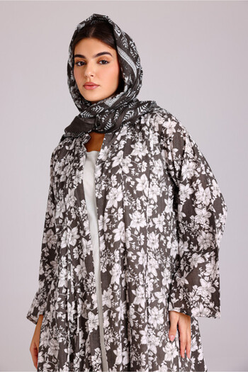 IKKXA Beautiful Floral Prints Design Abaya Grey