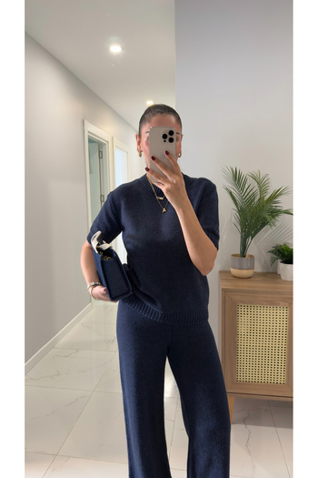 BİRCANÇİL Md Emily Navy Blue Short Sleeve Knitwear Trouser Set
