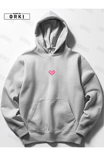 EFFRENATU Small Pixel Cute Heart Printed Women's Gray Oversize Hooded Sweatshirt Hoodie