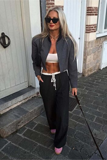 Madmext Black Double Waistband Wide Leg Women's Trousers Mg2551