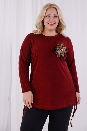 tarzımsüper Women's Plus Size Floral Detailed Gathered Side Soft Textured Knit Blouse