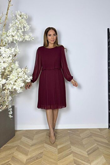 gesmoda G1569 Pleated Chiffon Dress Burgundy