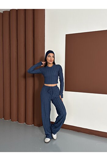 MODAMERSİ Women's Indigo Finger-Tied Ruffle Fabric Top and Bottom Set