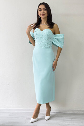 the ZKS Women's Strapless Low Sleeve Pearls Midi Length Dress Water Green, Navy Blue, Red, White, Baby Blue, Black
