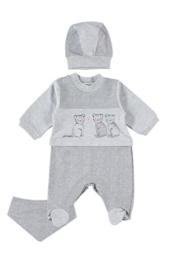 hepbaby Gray, Cat Patterned, Bibed Baby Romper Set