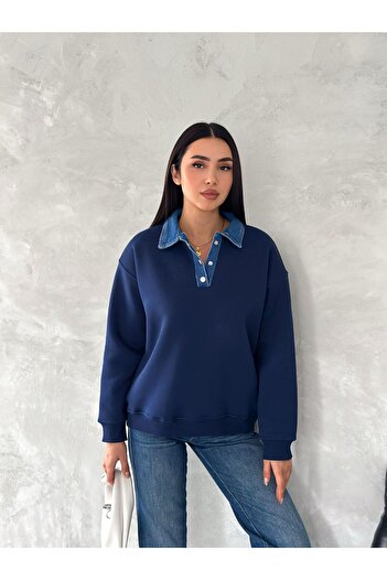 Noa Noa Denim Collar Detailed Long Sleeve Sweatshirt