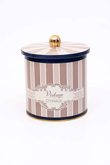ABBETC Elegance Patterned Round Metal Storage Container, Blue Food Storage Box - Organizer Box 14 Cm X 15 Cm