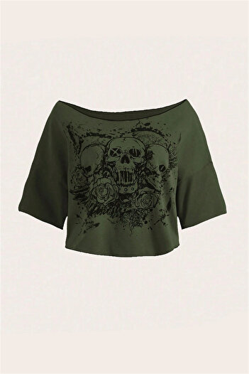 Karakedi Green Gothic Skulls Off Shoulder Short Y2K Sleeves Crop