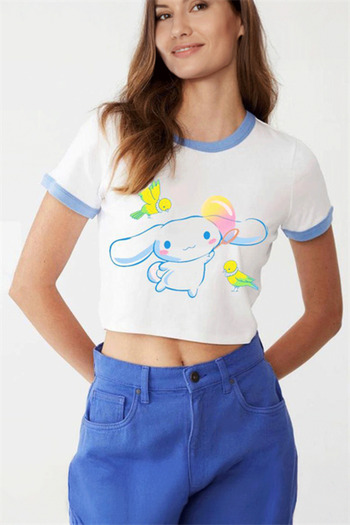 Karakedi White Anime Sanrio : Cinnamoroll Bird Friends Short Sleeve Crop