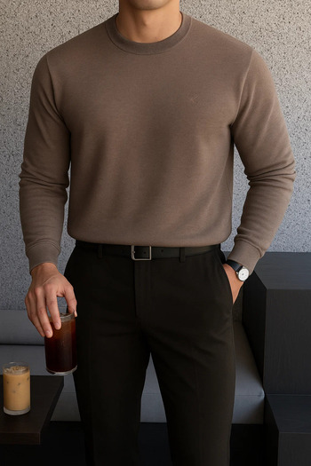 SILVANO Men's Crew Neck Casual Cotton Brown Sweatshirt