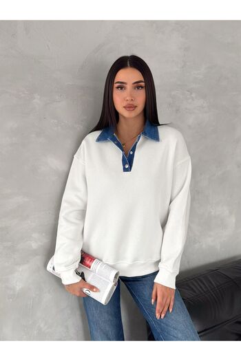 Noa Noa Denim Collar Detailed Long Sleeve Sweatshirt
