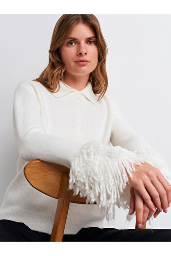 Dilvin 60992 Tassel Trim Knit Cardigan-Ecru