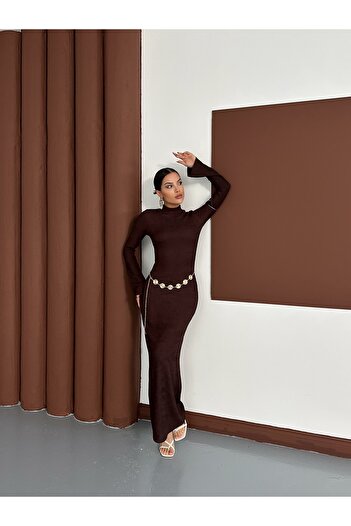 MODAMERSİ Women's Brown Belt Detailed Long Dress