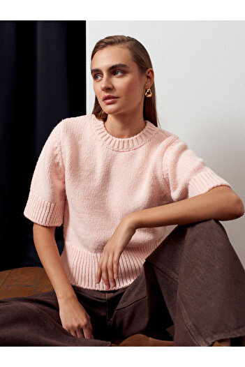 Dilvin 10821 Crew Neck Short Sleeve Knitwear Sweater-Powder