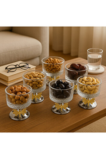 Fiyakalı Ürünler Atölyesi 6-Piece Elysia Glass Magnolia Bowl with Stand, Without Lid, Ice Cream Bowl, Sugar Bowl, Snack Bowl, Jam Bowl