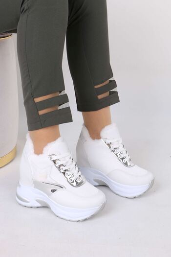 sefayol Katle White Fur Hidden Heel Women's Sneakers