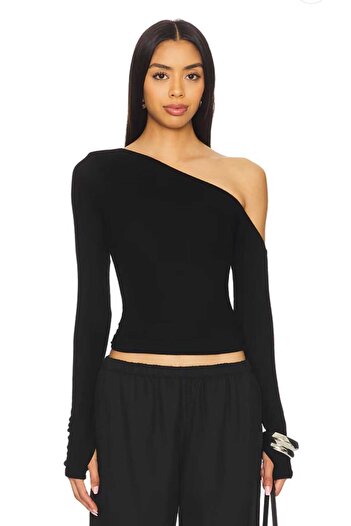 AFR CLOTHES Women's Double Layer Jersey Asymmetric Neckline Finger-Through Bluz