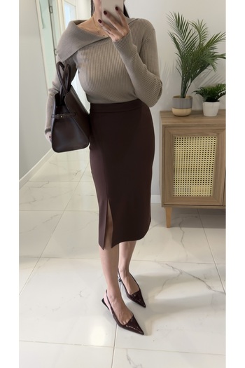 BİRCANÇİL Yuka Brown Side Slit Skirt