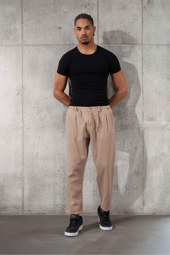 Valiberta Ανδρικό παντελόνι Norman Relax Fit από ύφασμα Gabardine με ρίγες - Μπεζ