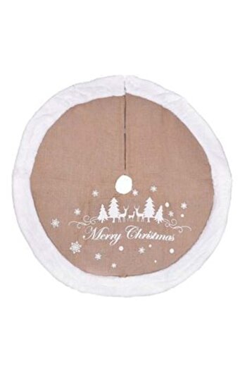 OEMN Decorative Tree Skirt Mat Beige Burlap with White Fur Print 'Merry Christmas' 90 cm
