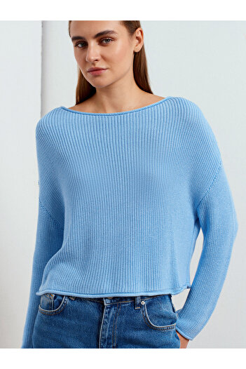 Dilvin 10804 Boat Neck Flowy Knit Sweater-Blue
