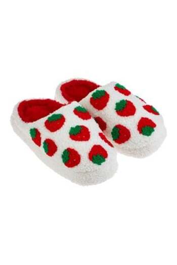 OEM Winter Slippers White with Red Strawberries and Faux Fur Double Sole for Women