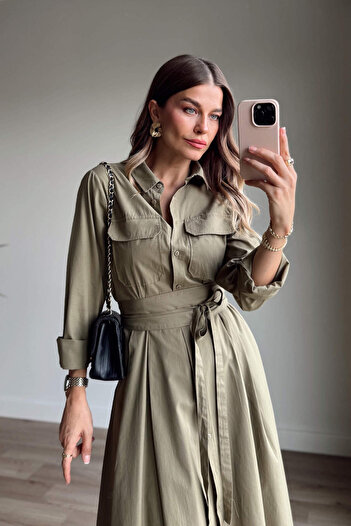 Sue Store Khaki Corset Maxi Shirt Dress with Pocket Detail