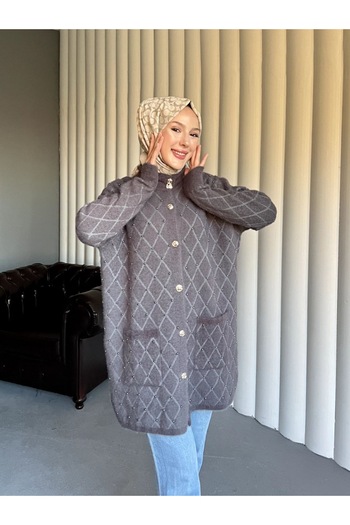 BZ BUTİK Cardigan with Pocket, Diamond Pattern, Pearl and Stone Details