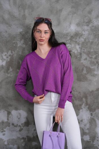 AGORATEKSTİL Women's V-Neck Baklava Pattern Knitwear Sweater