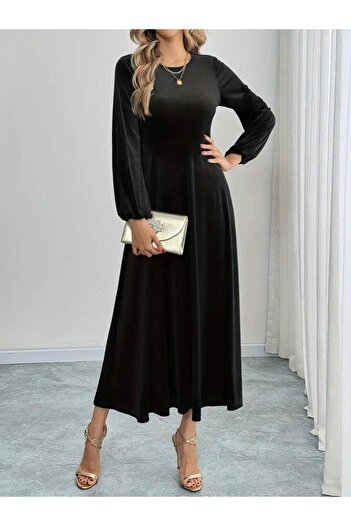 Aymood Women's long sleeve crew neck midi velvet dress
