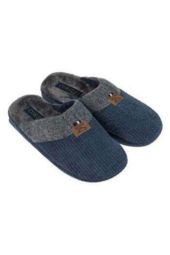 OEM Men's Winter Slippers Blue with Embossed Stripes & Artificial Leather Patch