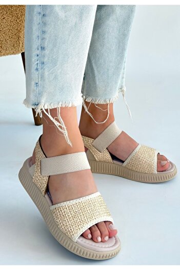 pabucmarketi Beige Straw Women's Flat Sandals