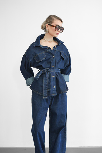 Molly Nelly Women's Collared Blouse Pants Belted Jeans Set