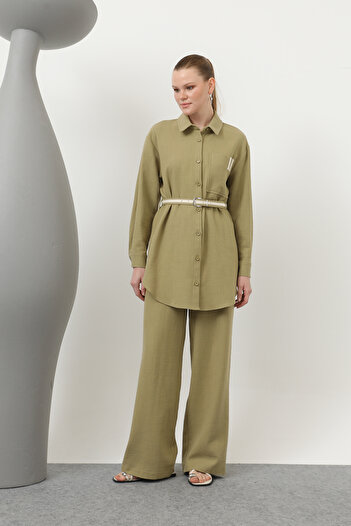 Modamorfo Women's Linen Suit with Belt Detail and Trousers - 14313Tks