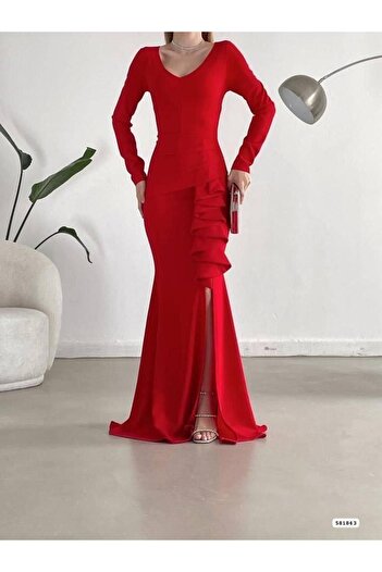Modafeminen V-neck slit long evening dress with ruffle detail in stretch crepe fabric 581843 red