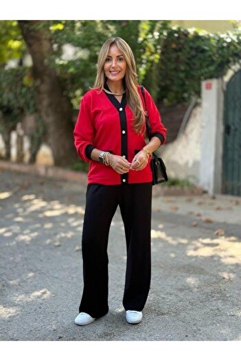 Aymood Women's long sleeve ribbed cardigan with pocket detail and wide leg pants two-piece set