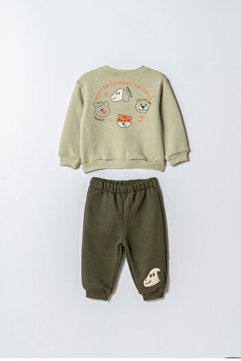 Magu Boys' Cotton Green Sweatshirt and Dog Embroidered Sweatpants Two-Piece Set